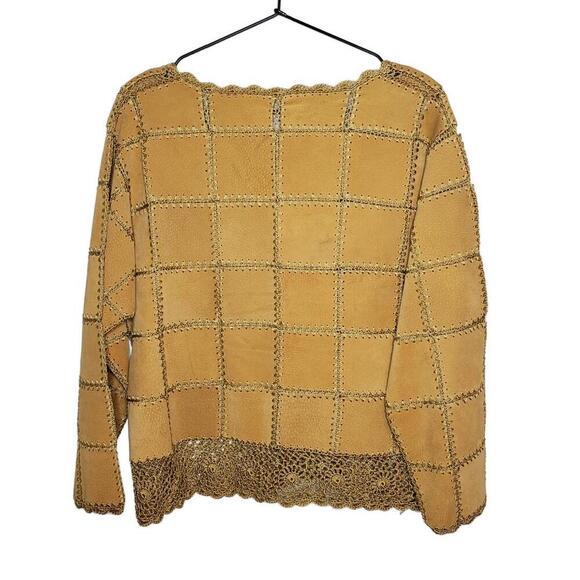 Women's Sz L Handmade Woven Patchwork Leather Jacket Crochet Lace Trim (1630) - Picture 3 of 6